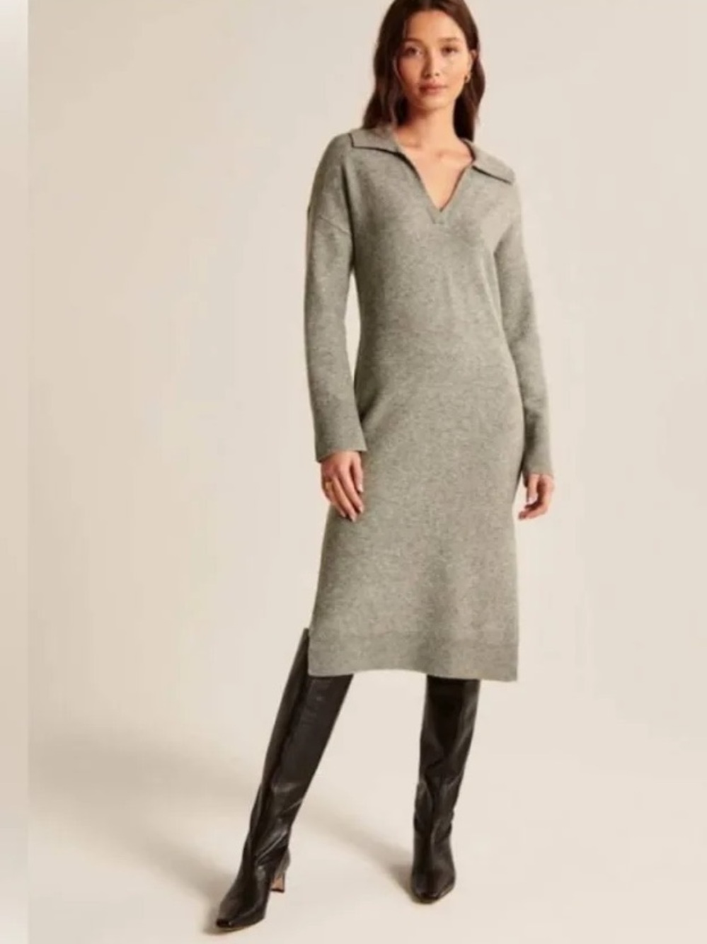 Abercrombie & Fitch Heather Gray Collared V-Neck Knit Midi Dress